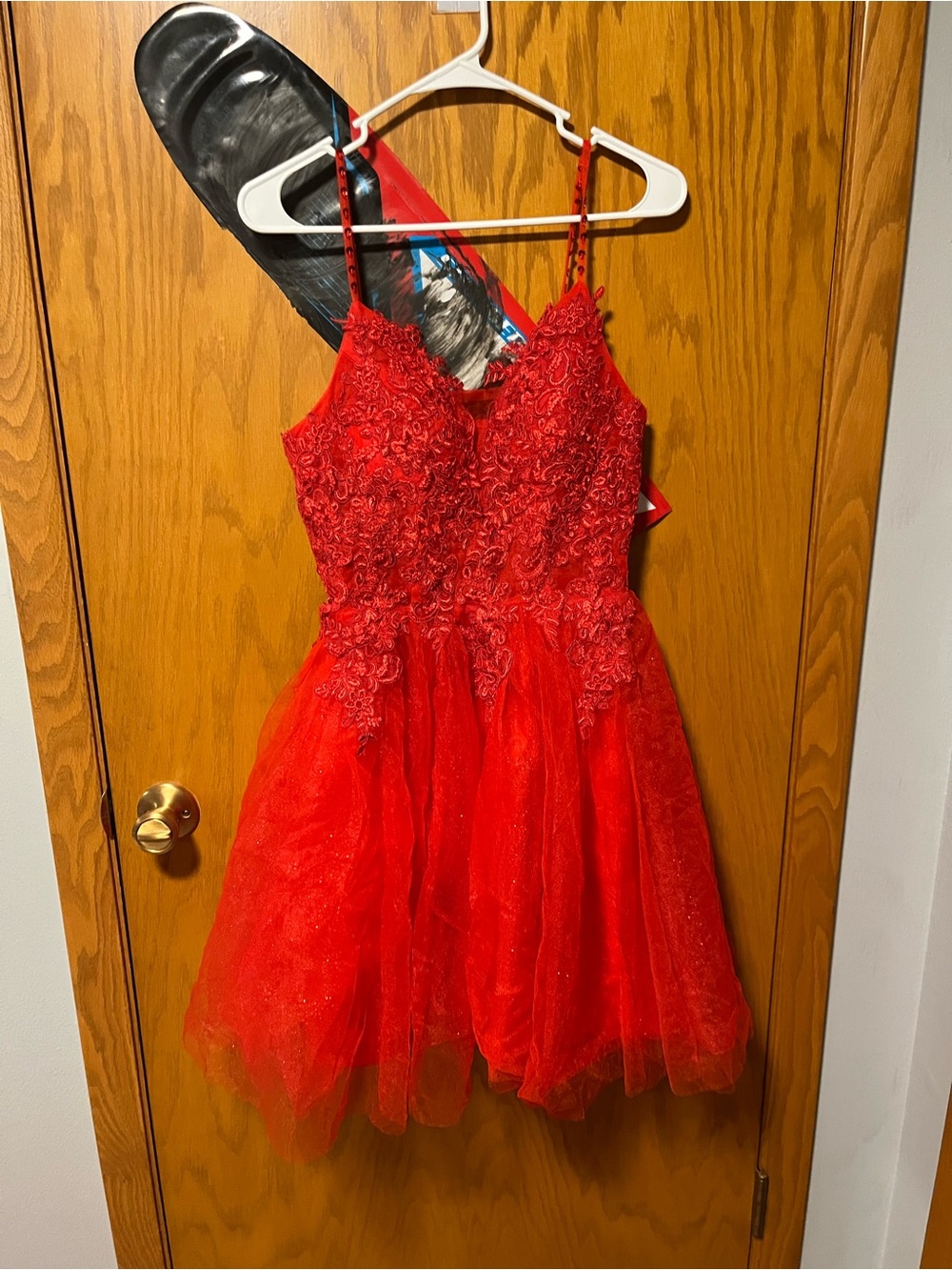 Red Lace & Tulle Midi Dress with Spaghetti Straps